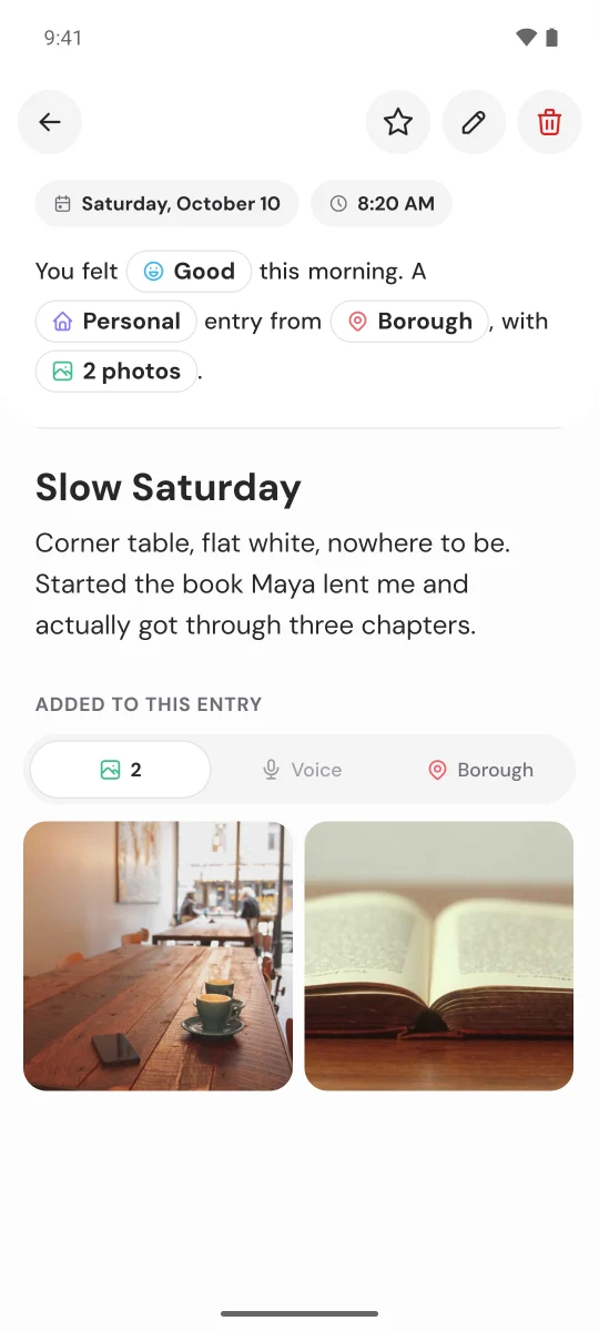 An entry with photos and a place